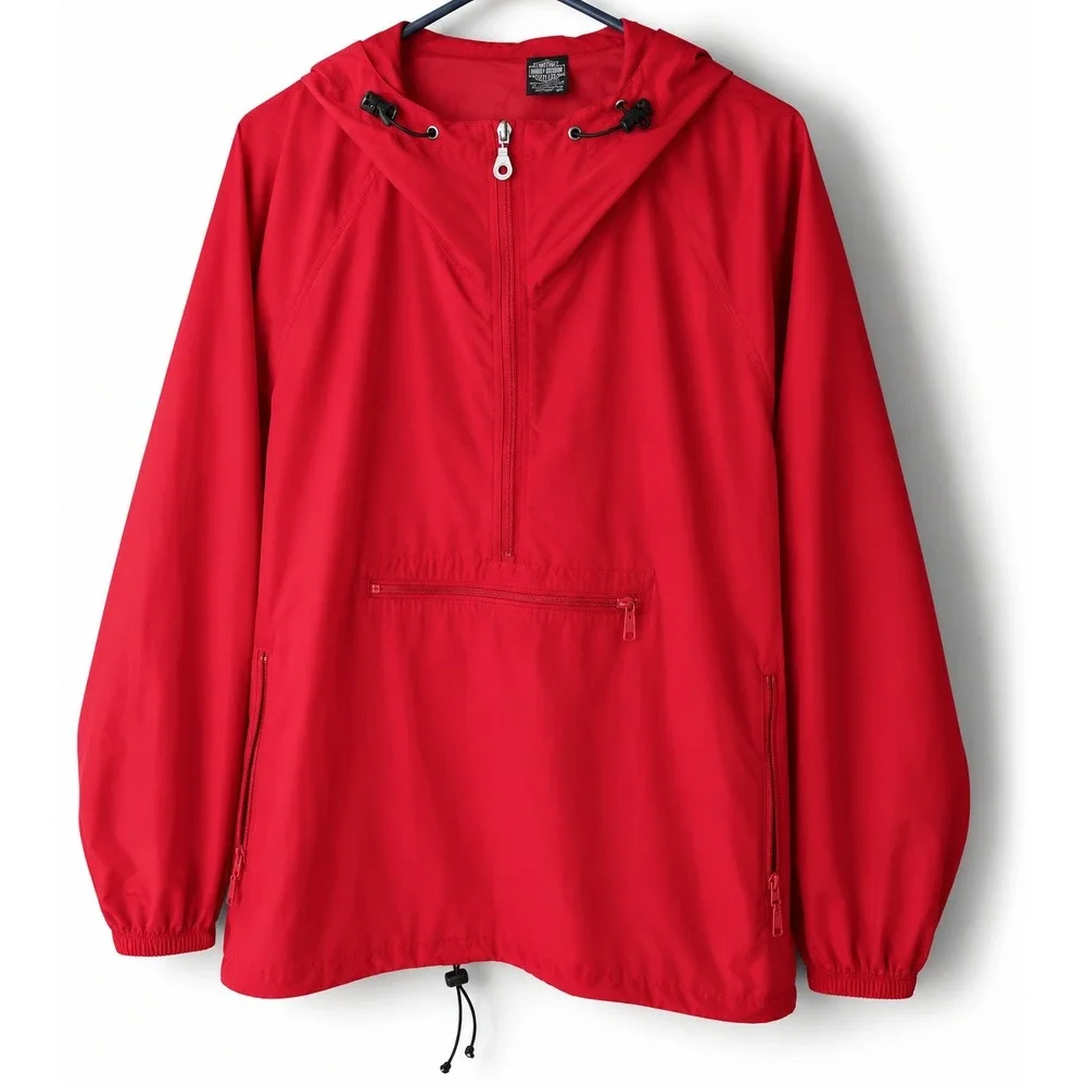 Lands' End Men's Red Hooded Anorak Windbreaker Jacket Large Pullover Packable